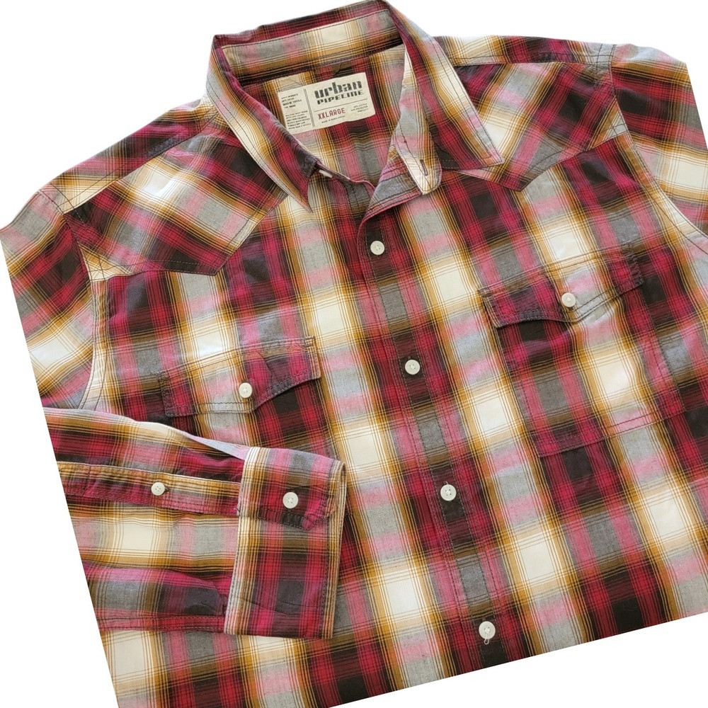 Urban Pipeline Button Down Men XXL Red Plaid Western Flap Pockets Western Rodeo